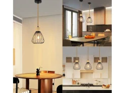 NETTLIFE Lámpara Suspendida-Lámpara colgante para mesa de comedor, de metal , 1 llama, estilo retro industrial, madera, cuerda de cáñamo, E27 Negro