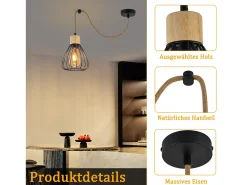 NETTLIFE Lámpara Suspendida-Lámpara colgante para mesa de comedor, de metal , 1 llama, estilo retro industrial, madera, cuerda de cáñamo, E27 Negro