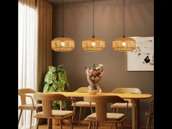 NETTLIFE Lámpara colgante Boho de ratán para mesa de comedor - 3 luces, estilo retro, casquillo E27, altura ajustable, para sala de estar (bombilla no incluida) Multicolor Sale