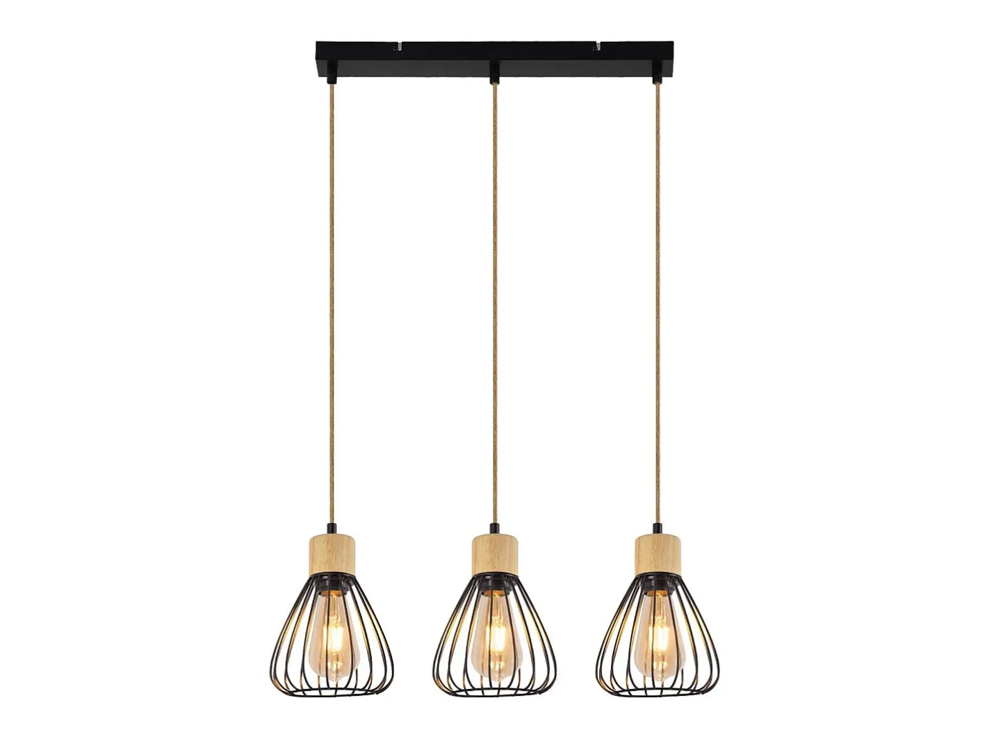 Sale NETTLIFE Lámpara colgante , estilo vintage industrial retro para salón, de madera y cuerda de cáñamo, en metal , 3 llamas, E27 Negro