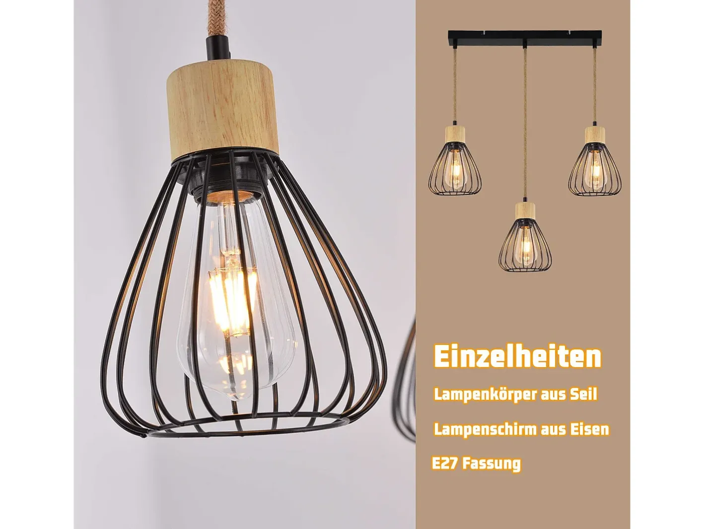 Sale NETTLIFE Lámpara colgante , estilo vintage industrial retro para salón, de madera y cuerda de cáñamo, en metal , 3 llamas, E27 Negro