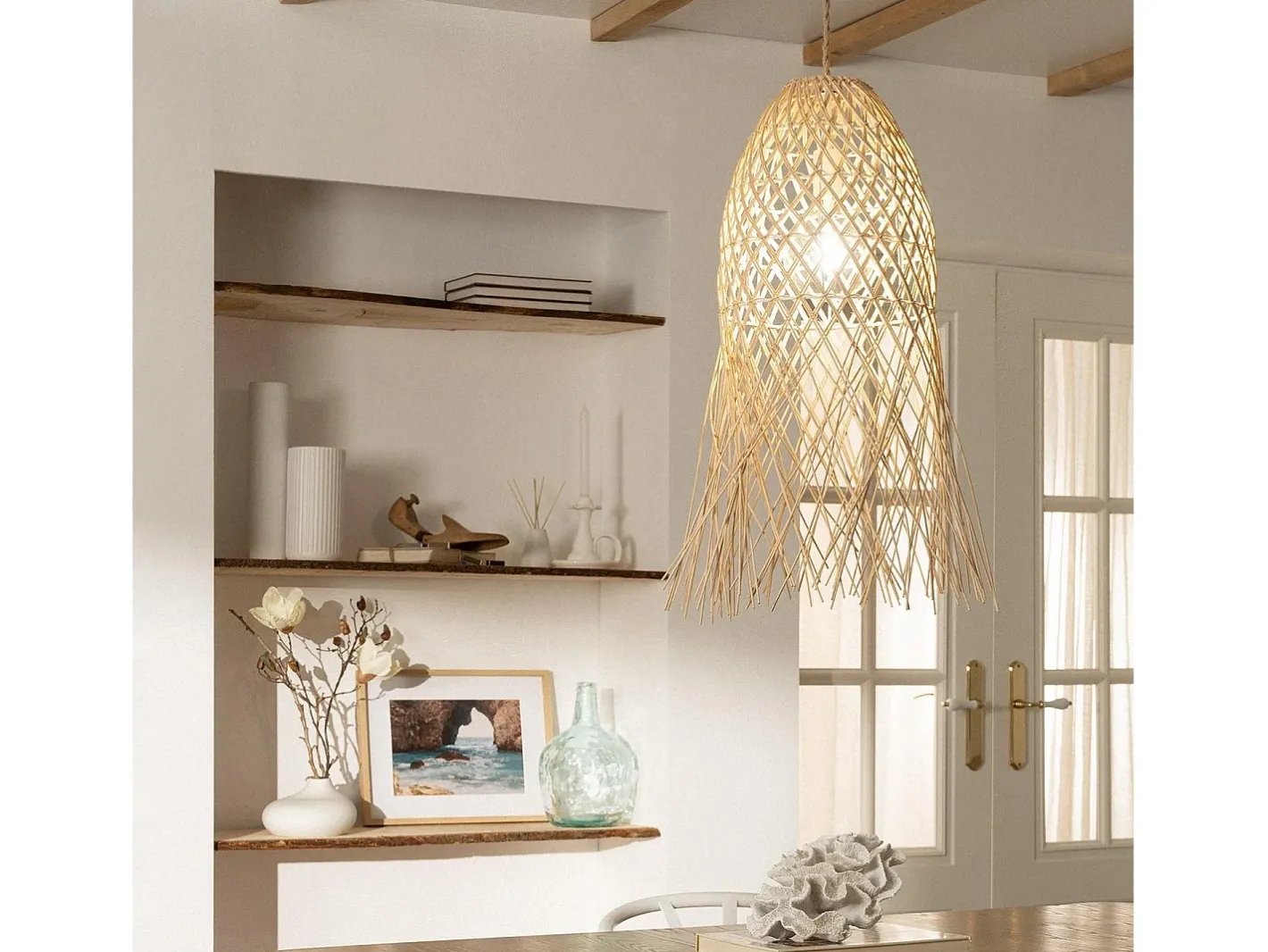 Online Ledkia Lámpara Colgante Ratán Majani Crema Multicolor