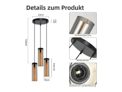NETTLIFE Lámpara Suspendida-Lámpara colgante retro de cristal mate para mesa de comedor, 3 llamas, E27 Negro