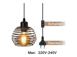 NETTLIFE Lámpara Suspendida-Lámpara colgante vintage de 1 luz: lámpara colgante industrial negra con cable de 4,5 m, enchufe e interruptor, casquillo E27. Negro