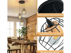 NETTLIFE Lámpara colgante vintage de 3 luces - Lámpara industrial de metal y madera negra, casquillo E27 - Cocina, comedor y sala de estar (bombillas no incluidas) Negro
