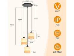 NETTLIFE Lámpara colgante vintage para mesa de comedor - Lámpara de araña de tela blanca de 3 luces E27, iluminación retro para salón (bombillas no incluidas) Blanco