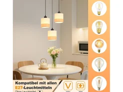 NETTLIFE Lámpara Suspendida-Lámpara colgante vintage para mesa de comedor: 3 luces, pantalla de tela blanca, casquillo E27, estilo retro (bombillas no incluidas) Amarillo