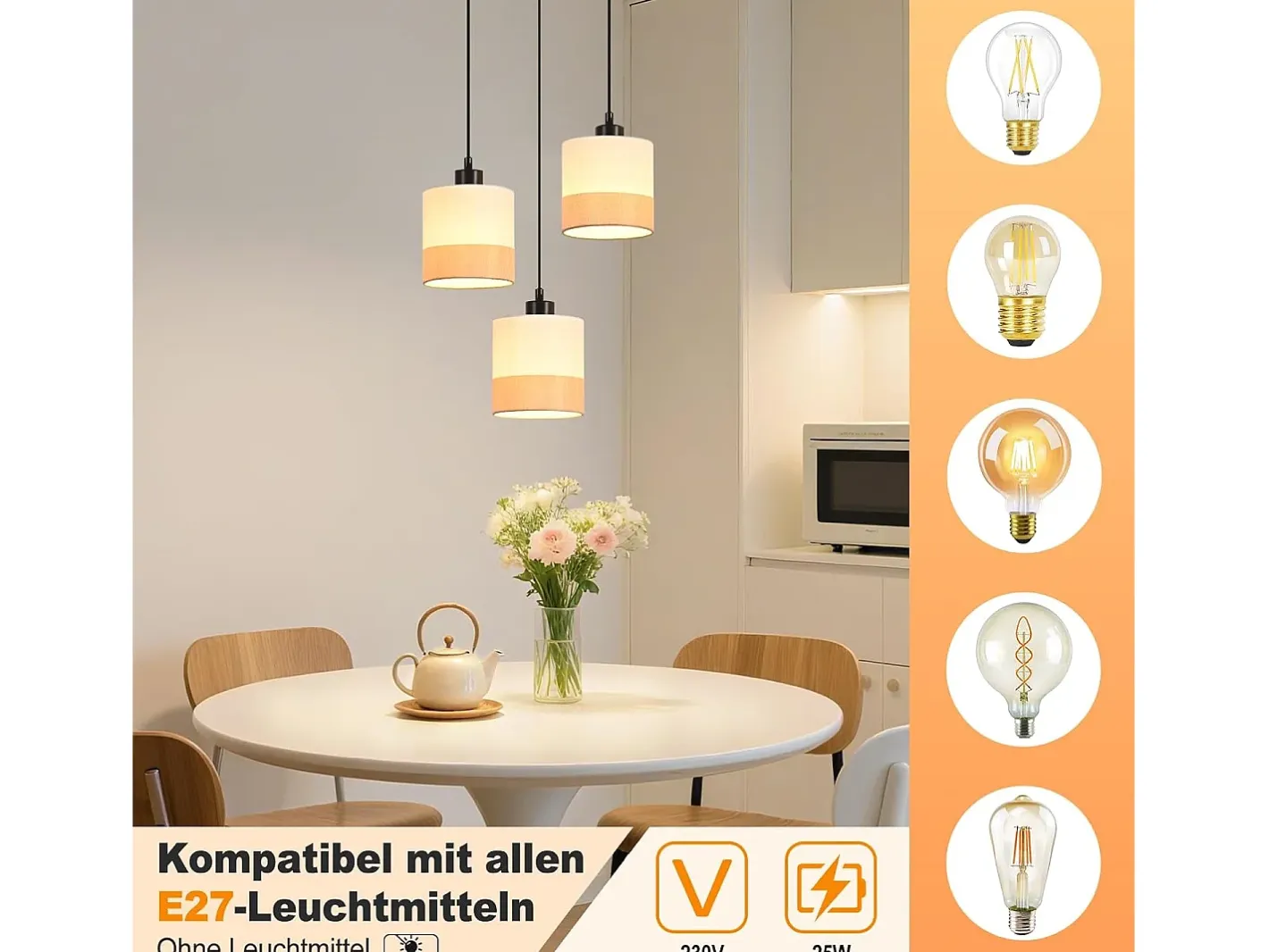 NETTLIFE Lámpara Suspendida-Lámpara colgante vintage para mesa de comedor: 3 luces, pantalla de tela blanca, casquillo E27, estilo retro (bombillas no incluidas) Amarillo