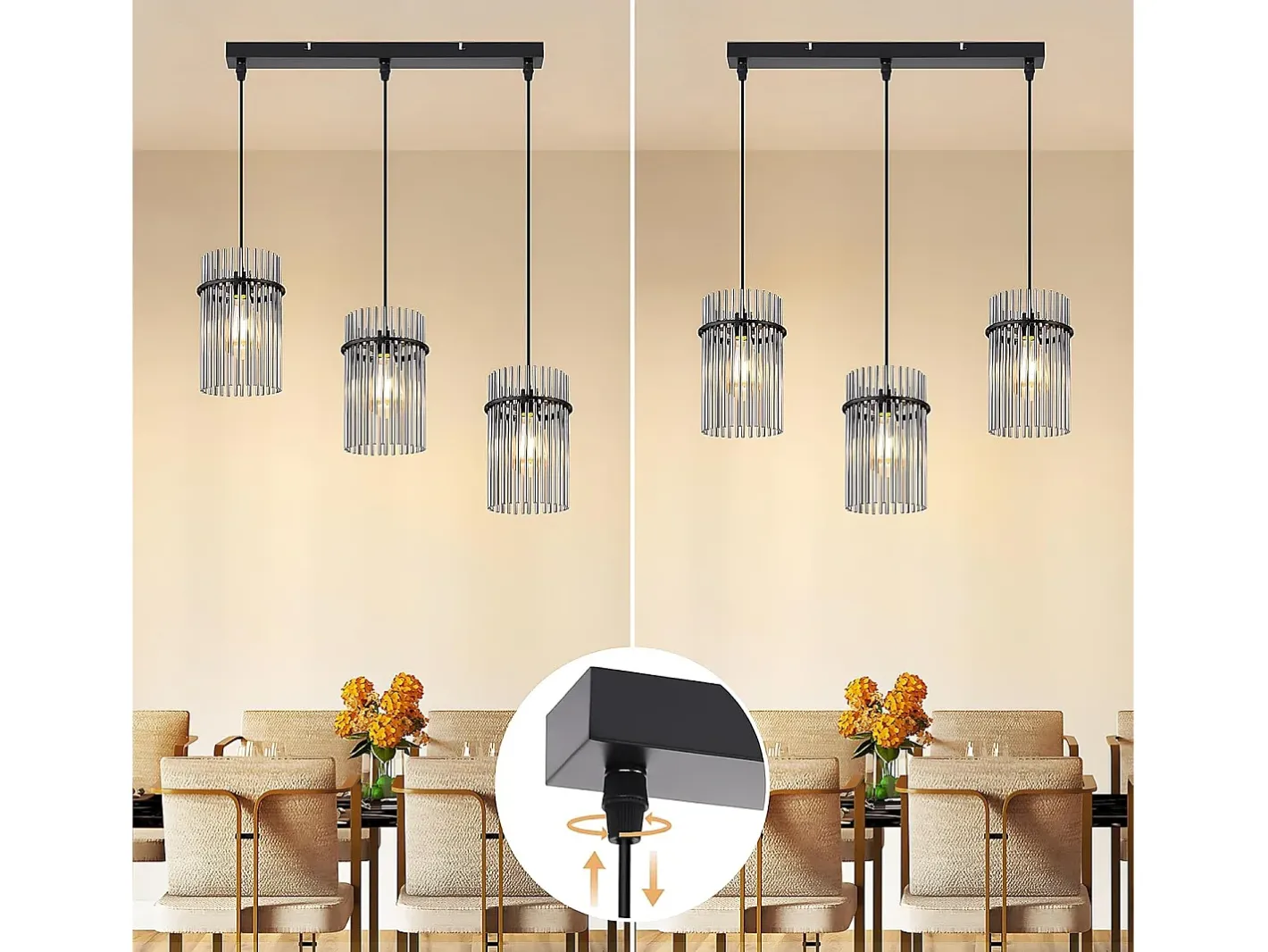 NETTLIFE Lámpara colgante vintage negra, lámpara de cristal de 3 luces, casquillo E27, Ø 16 cm, para mesa de comedor, salón (sin bombillas). Negro Outlet