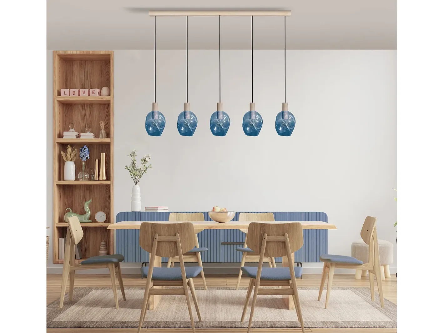 TOSEL Lámpara de Araña ,madera y cristal , ,P100xD20x D60cm Azul Discount