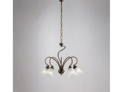 Lámpara Suspendida-Lámpara de araña Alice en hierro lacado marrón con decoración. Difusores de oro antiguo y cristal d. 14 alabastro blanco 5 luces 106 Ø57 Dorado