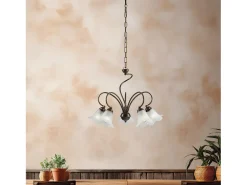 Lámpara Suspendida-Lámpara de araña Alice en hierro lacado marrón con decoración. Difusores de oro antiguo y cristal d. 14 alabastro blanco 5 luces 106 Ø57 Dorado