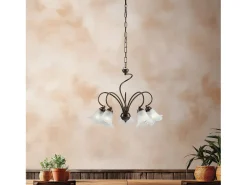 Lámpara Suspendida-Lámpara de araña Alice en hierro lacado marrón con decoración. Difusores de oro antiguo y cristal d. 14 alabastro blanco 5 luces 106 Ø57 Dorado