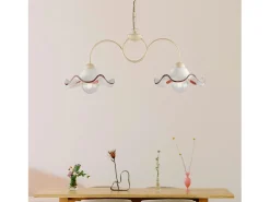 Lámpara Suspendida-Lámpara de araña Anemone en hierro lacado y dec. Efecto decapé con difusores cerámicos d. 30 blanco y marrón 2 luces L. 81 X 30 Marfil