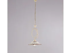 Lámpara Suspendida-Lámpara de araña Bistrot en hierro lacado y decoraciones. Efecto decapé con difusor cerámico d. 30 blanco y marrón 1 luz 105 Ø30 Marfil