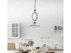 Lámpara Suspendida-Lámpara de araña Bistrot en hierro lacado en negro y decoraciones. Efecto óxido con difusor cerámico d. 30 blanco y marrón 1 luz 105 Ø30 Marru00f3n chocolate
