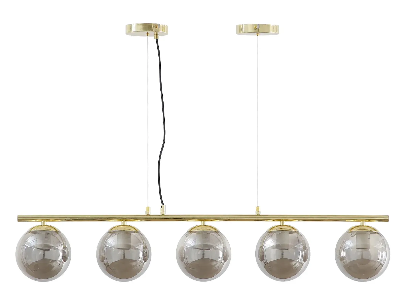 OZAIA Lámpara de araña de metal y cristal ahumado brillante 5 globos, L. 100 x Alt. 120 cm, Dorado, SOFIA Gris / Dorado New