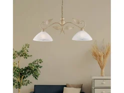 Lámpara Suspendida-Lámpara de araña en hierro lacado en con dec. Difusores de oro antiguo y cristal d. 30 alabastro blanco 2 luces L. 96 X 30 Marfil