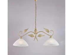 Lámpara Suspendida-Lámpara de araña en hierro lacado en con dec. Difusores de oro antiguo y cristal d. 30 alabastro blanco 2 luces L. 96 X 30 Marfil