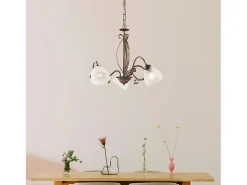 Lámpara de araña forjada en hierro lacado en color marrón con dec. Difusores de oro antiguo y cristal d. 13 alabastro blanco 3 luces 103 Ø51 Dorado Discount