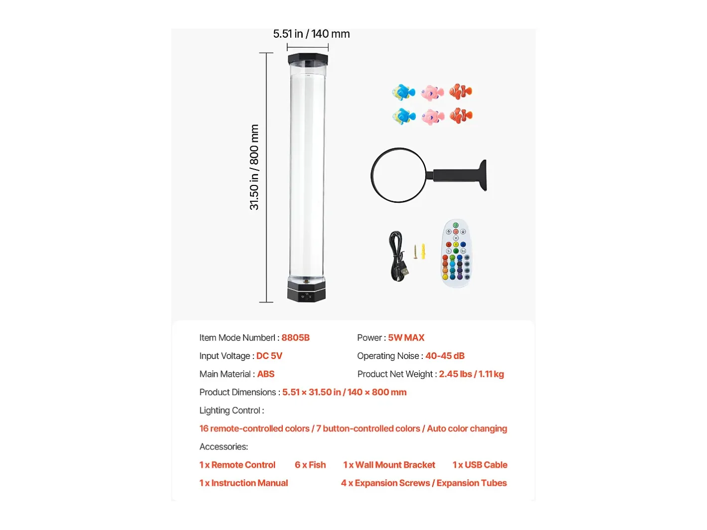 Lámpara de Burbujas SucceBuy con 6 Peces Flotantes, 80 cm, 16 Efectos de Luces Cambiantes de Color, Lámpara de Ambiente para Dormitorio, Salón Negro Clearance