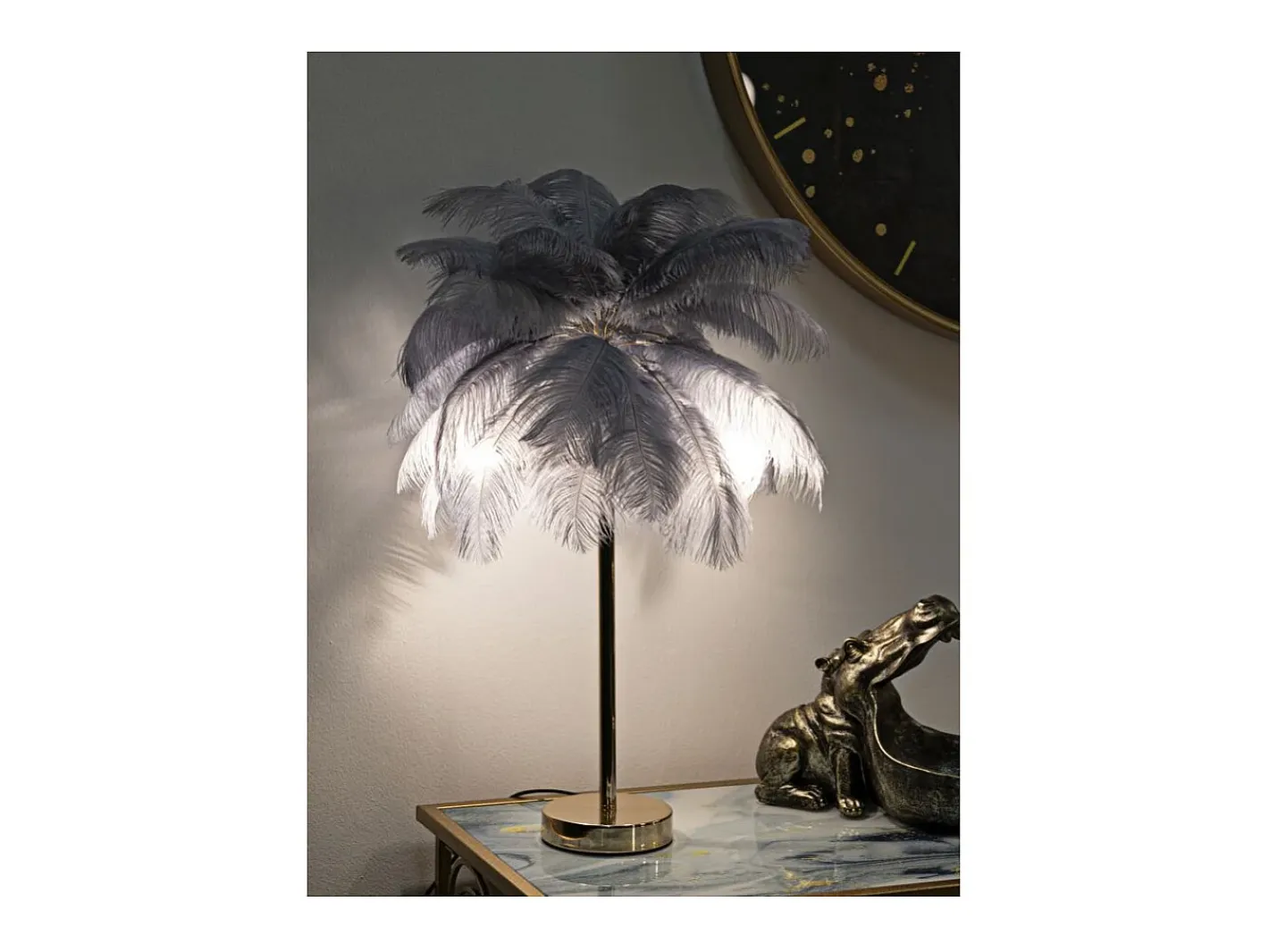 Lámpara De Mesa-Lámpara de mesa con pantalla de plumas y 2 luces Palm S - Gris