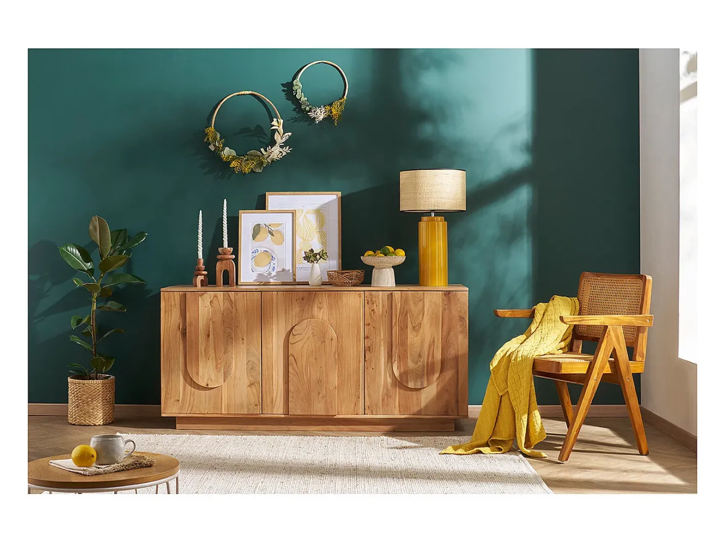 Miliboo Lámpara De Mesa-Lámpara de mesa de cerámica esmaltada amarilla con pantalla de rafia BERRO Amarillo