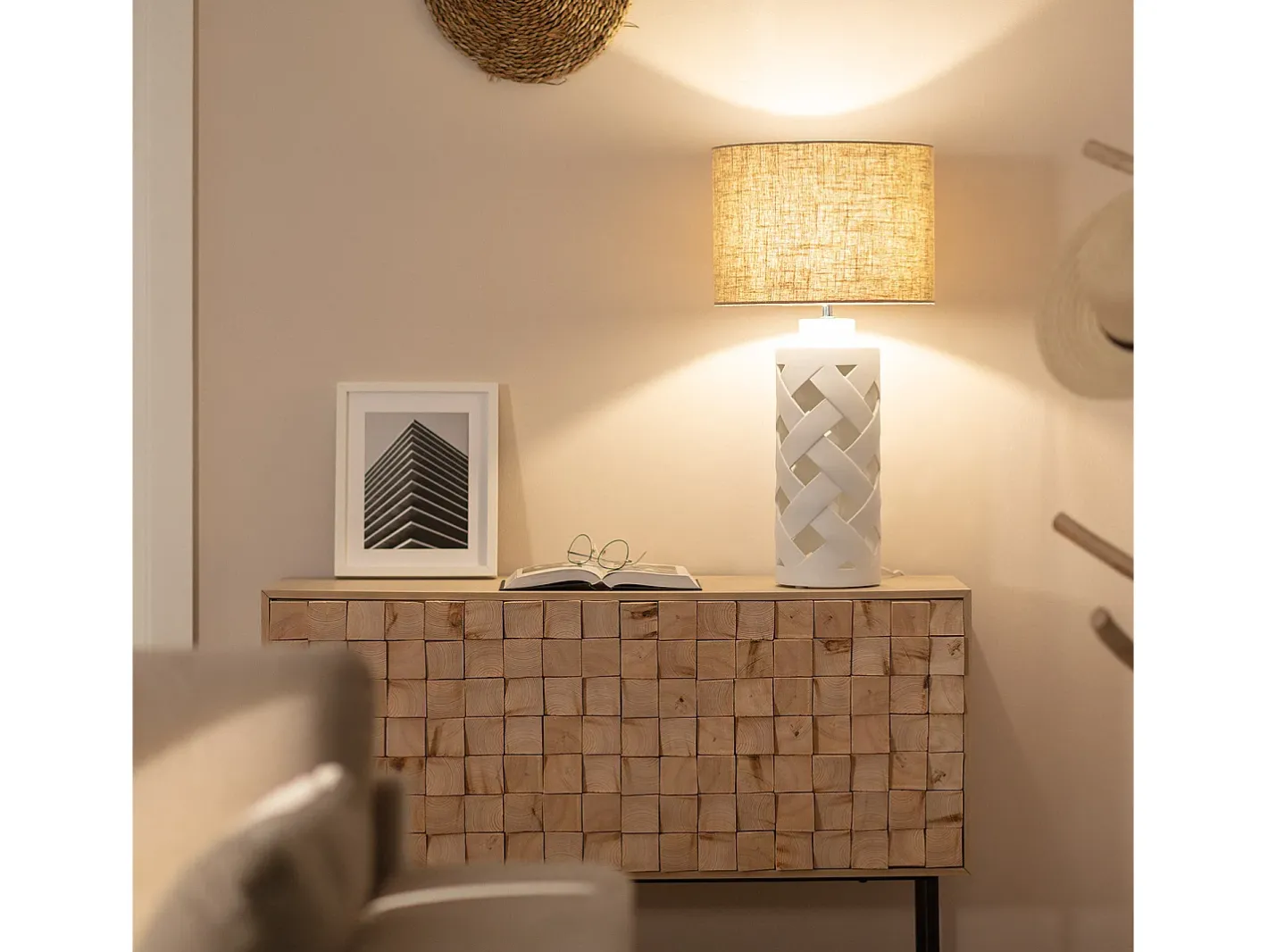 Ledkia Lámpara De Mesa-Lámpara de Mesa de Cerámica y Tela Makalu Blanco