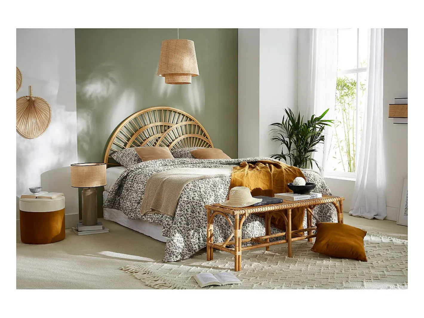 Outlet Miliboo Lámpara de mesa de cerámica esmaltada color topo con pantalla de rafia MAJES Crema