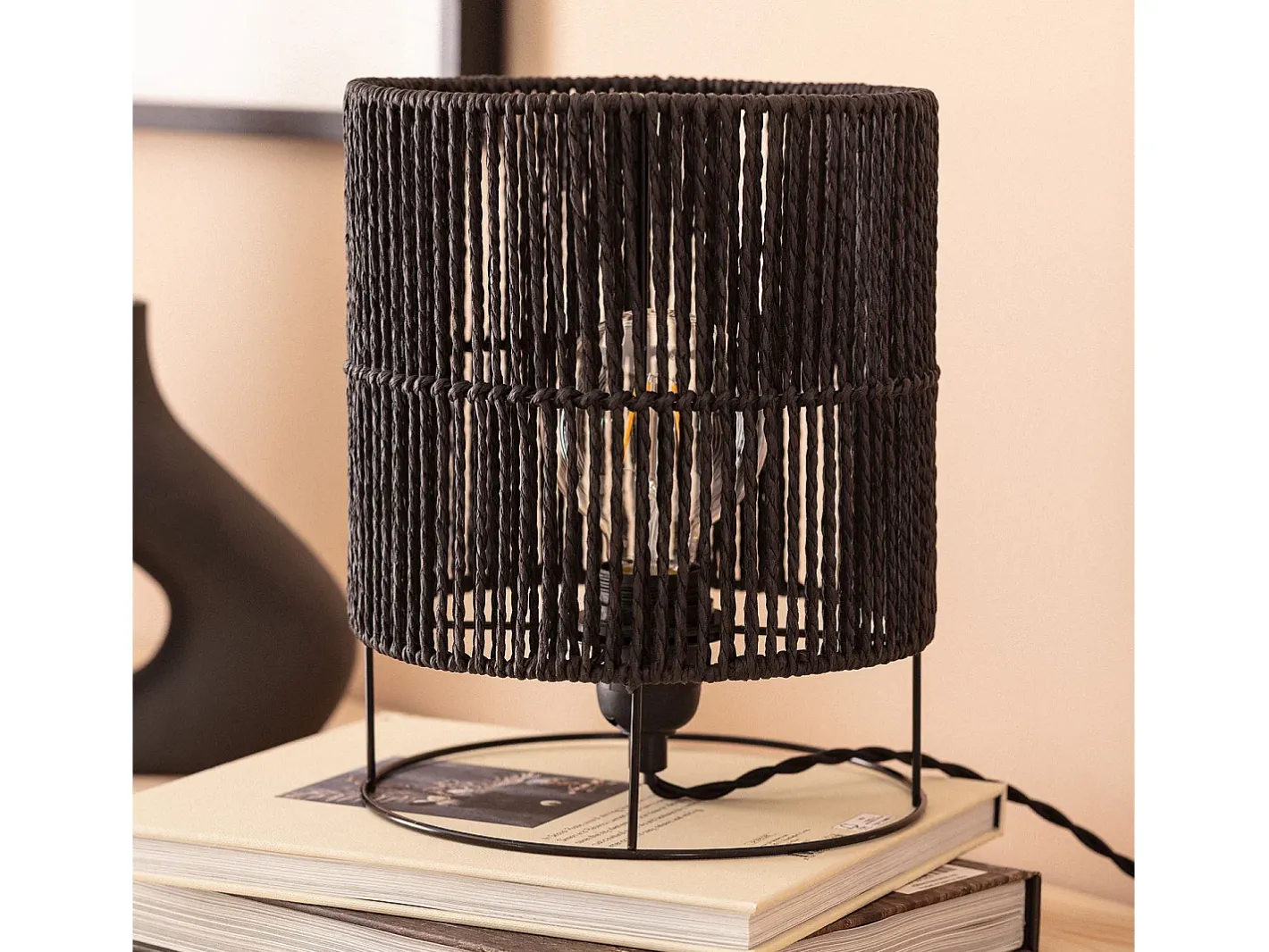 Ledkia Lámpara De Mesa-Lámpara de Mesa de Papel Trenzado Khalo Negro