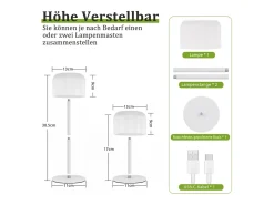 NETTLIFE Lámpara De Mesa-Lámpara de mesa LED inalámbrica , funciona con pilas, regulable de 3000 K a 6500 K, recargable por USB-C, altura ajustable, resistente al agua. Blanco