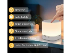 NETTLIFE Lámpara De Mesa-Lámpara de mesa LED con batería de 1800 mAh, regulable al tacto, 3000-6500 K, USB, 3 temperaturas de color y función de temporización Blanco