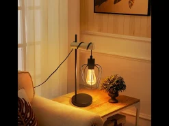 Sale NETTLIFE Lámpara de mesa para salón, lámpara de mesa vintage de madera: lámpara de noche negra, 1 luz, diseño industrial, metal, casquillo E27 sin bombilla Marru00f3n