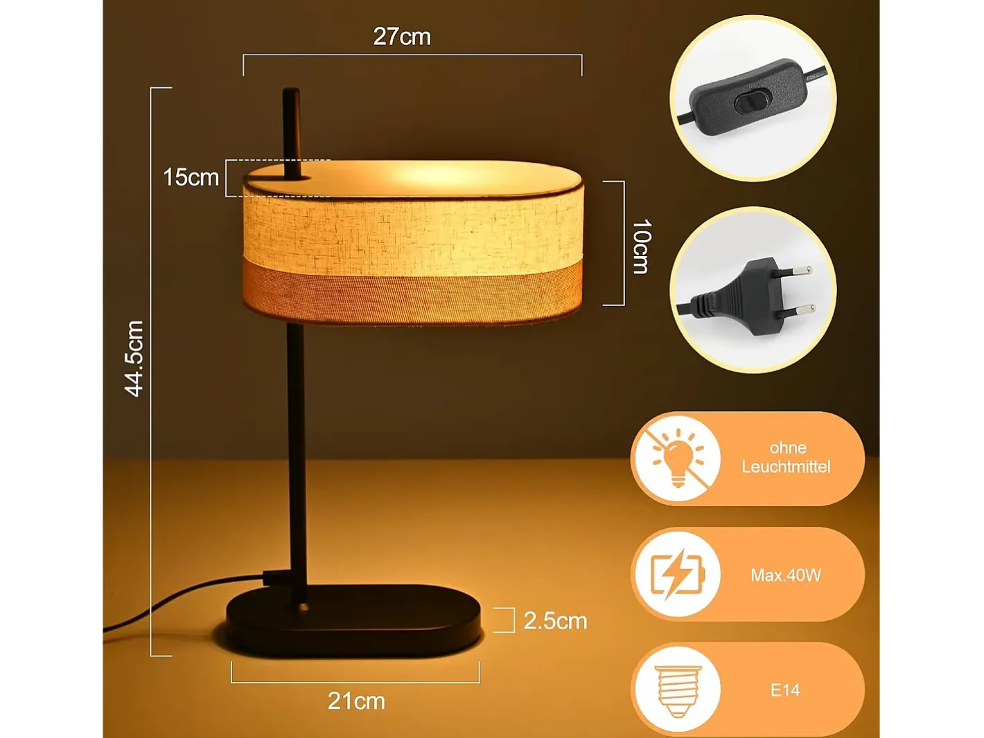 NETTLIFE Lámpara De Mesa-Lámpara de mesa vintage para salón - Lámpara de noche de tela negra E14 con cable, lámpara de escritorio rústica retro (bombilla no incluida) Negro
