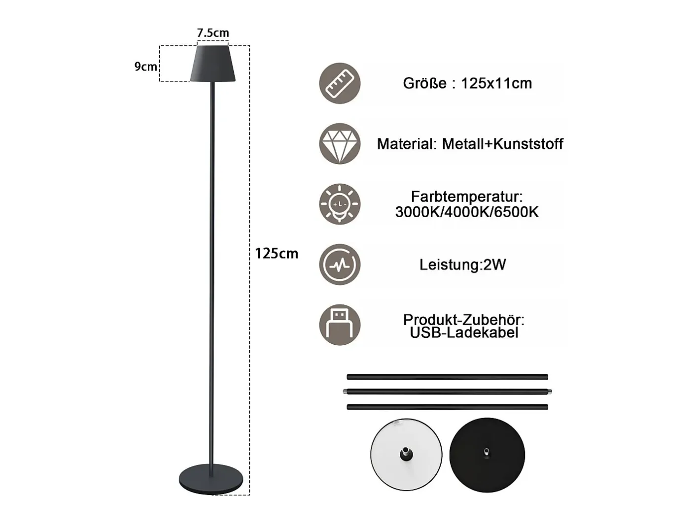 NETTLIFE Lámpara De Pie-Lámpara de pie LED moderna negra regulable 125 cm 3 temperaturas de color USB Sala de estar Negro