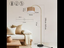 NETTLIFE Lámpara de pie Boho de ratán: lámpara arqueada regulable con mando a distancia, LED E27, estilo vintage, altura 165-180 cm, giro de 350°, color dorado Negro Clearance