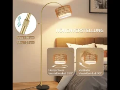 NETTLIFE Lámpara de pie Boho de ratán: lámpara arqueada regulable con mando a distancia, LED E27, estilo vintage, altura 165-180 cm, giro de 350°, color dorado Negro Clearance