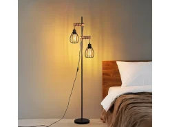 Outlet NETTLIFE Lámpara de pie para salón, color : lámpara de pie industrial de metal y madera, E27, 2 luces, pantalla de jaula, 152 cm (sin bombilla). Negro