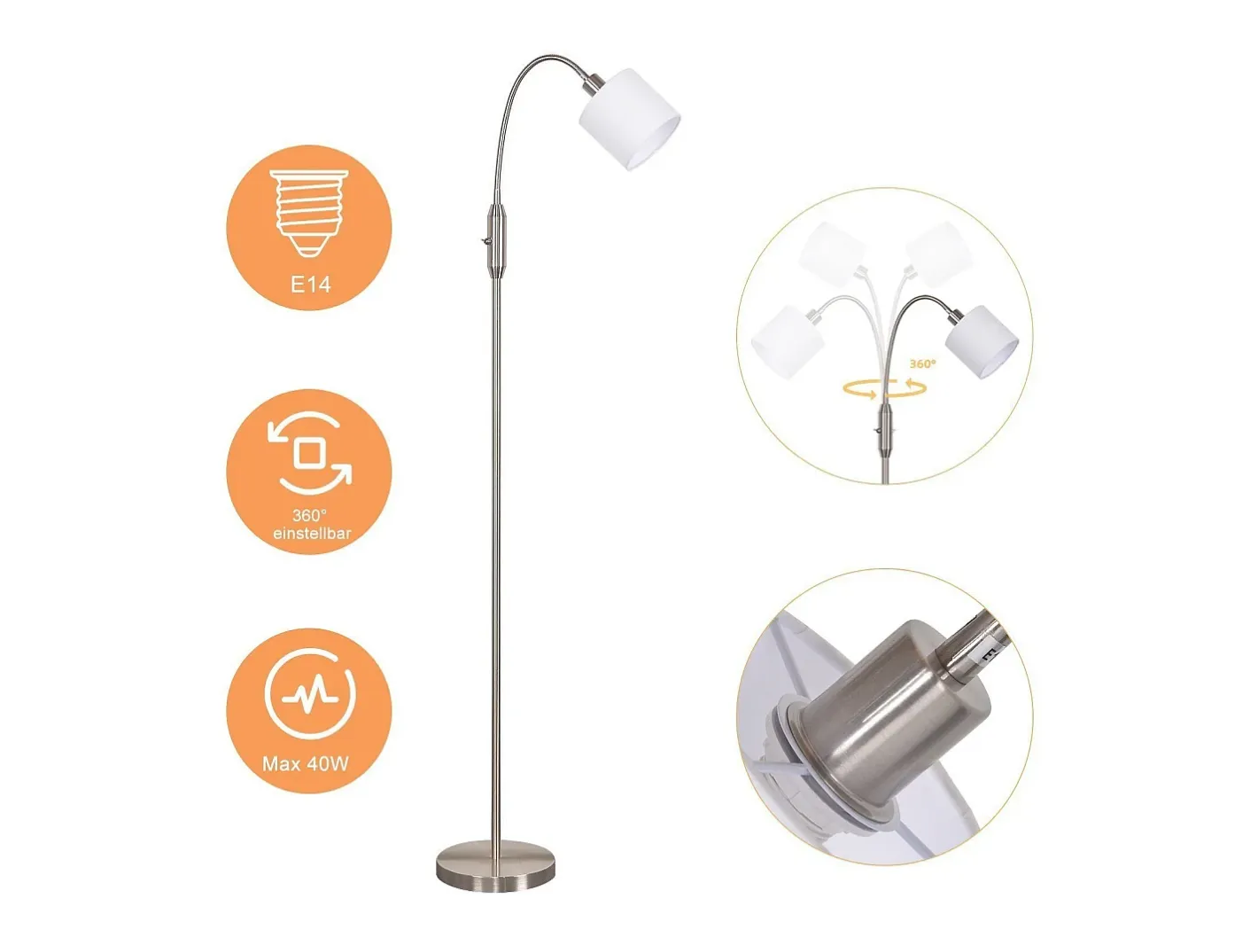 NETTLIFE Lámpara De Pie-Lámpara de pie vintage negra de tela con arco giratorio de 360° para una iluminación suave y decorativa Negro