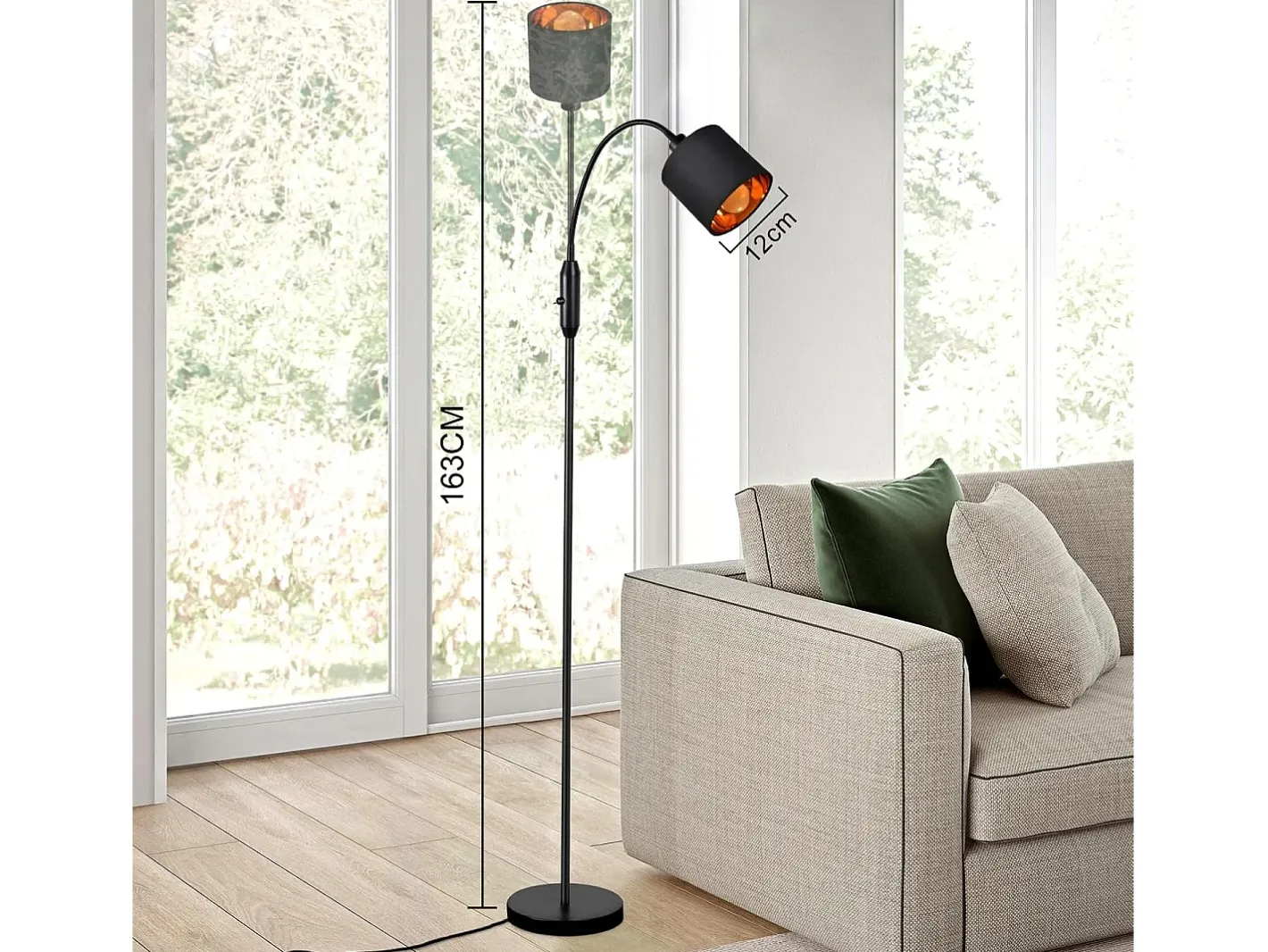 NETTLIFE Lámpara De Pie-Lámpara de pie vintage negra de tela con arco giratorio de 360° para una iluminación suave y decorativa Negro