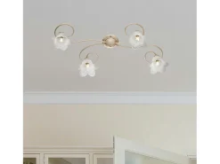 Lámpara de techo Alice en hierro lacado marfil con decoración. Difusores de oro antiguo y cristal d. 14 alabastro blanco 4 luces L. 87 X 40 Dorado Discount