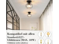 Outlet NETTLIFE Lámpara de techo de cristal moderna E27, lámpara de cocina vintage con marco de metal Negro