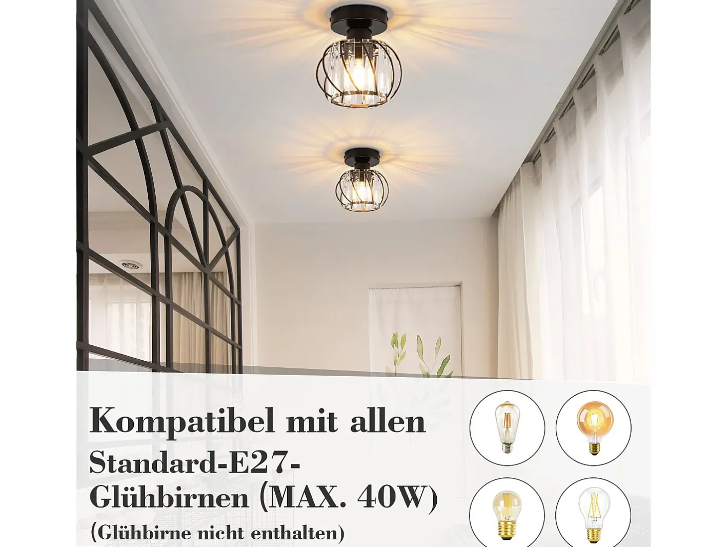 Outlet NETTLIFE Lámpara de techo de cristal moderna E27, lámpara de cocina vintage con marco de metal Negro