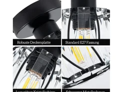 Outlet NETTLIFE Lámpara de techo de cristal moderna E27, lámpara de cocina vintage con marco de metal Negro