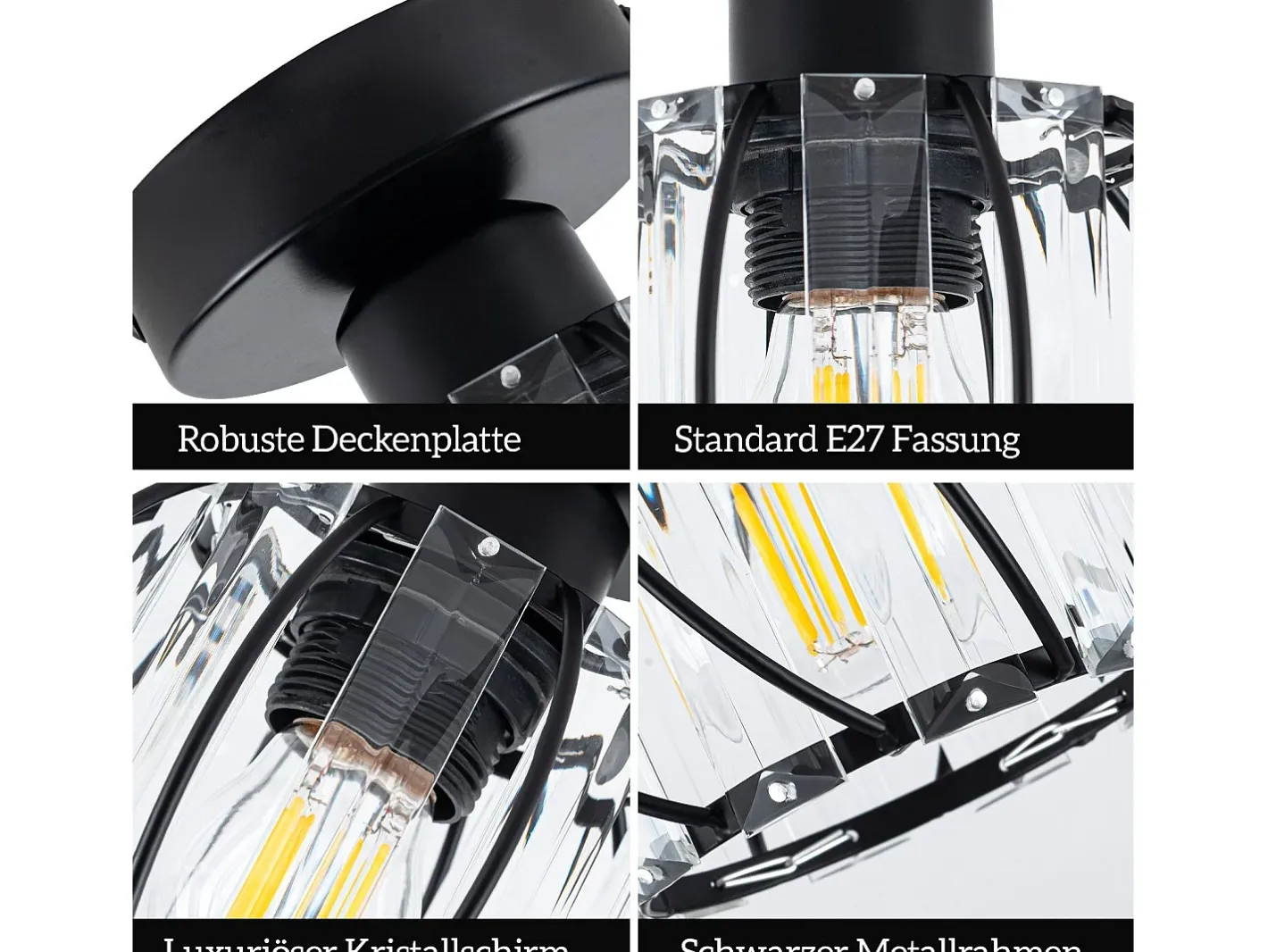 Outlet NETTLIFE Lámpara de techo de cristal moderna E27, lámpara de cocina vintage con marco de metal Negro