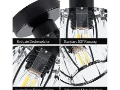 NETTLIFE Plafón-Lámpara de techo de cristal moderna E27, lámpara de cocina vintage con marco de metal Negro
