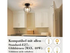 NETTLIFE Plafón-Lámpara de techo de cristal moderna E27, lámpara de cocina vintage con marco de metal Negro