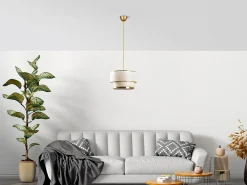 Outlet OZAIA Lámpara de techo de metal - D.30 x Alt. 65 cm - Dorado y beige - RAYONA Beige / Dorado