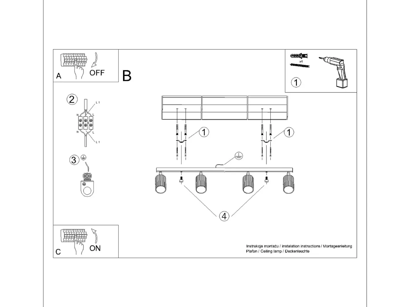 Sollux Lighting Plafón-Lámpara de techo Gloow minimalista de aluminio - 4 fuentes luminosas 3000K - L.81 x A.16,5 cm - Negro