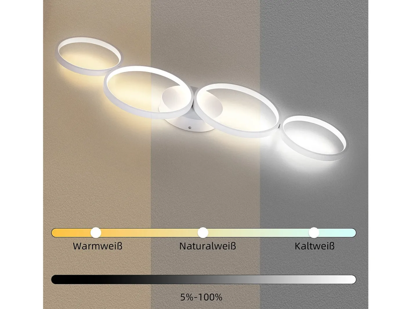NETTLIFE Lámpara de techo LED de 100 cm regulable con 4 anillos, iluminación blanca moderna de 56 W con control remoto Blanco New